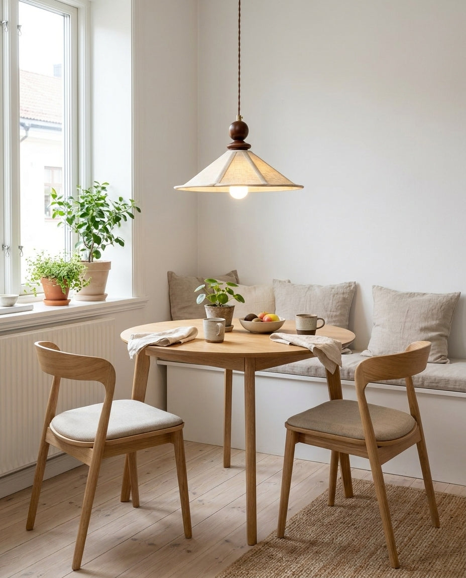 Maviren Curated Solid Hardwood Pendant Light – illuminated warm ambiance setting