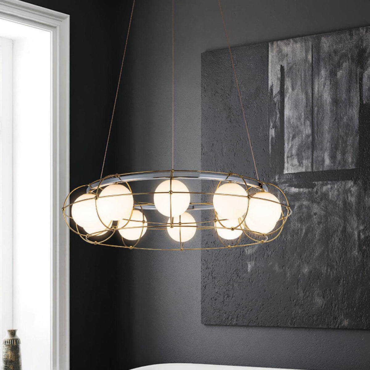 Maytoni Round Curated Mouth-Blown Frosted Glass installed in residential dining space
