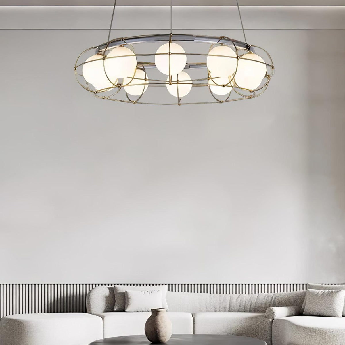 Maytoni Round Curated Mouth-Blown Frosted Glass – illuminated warm ambiance setting