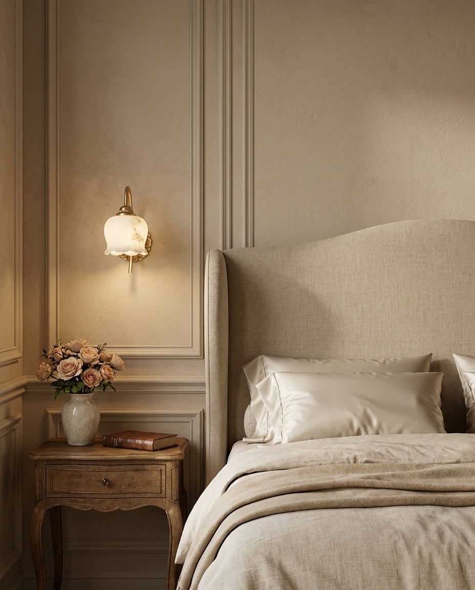 Mia Alabaster Curated Alabaster Wall Sconce warm illuminated room view