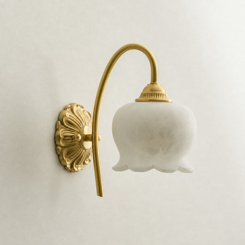 Mia Alabaster Curated Alabaster Wall Sconce – illuminated warm ambiance setting #1