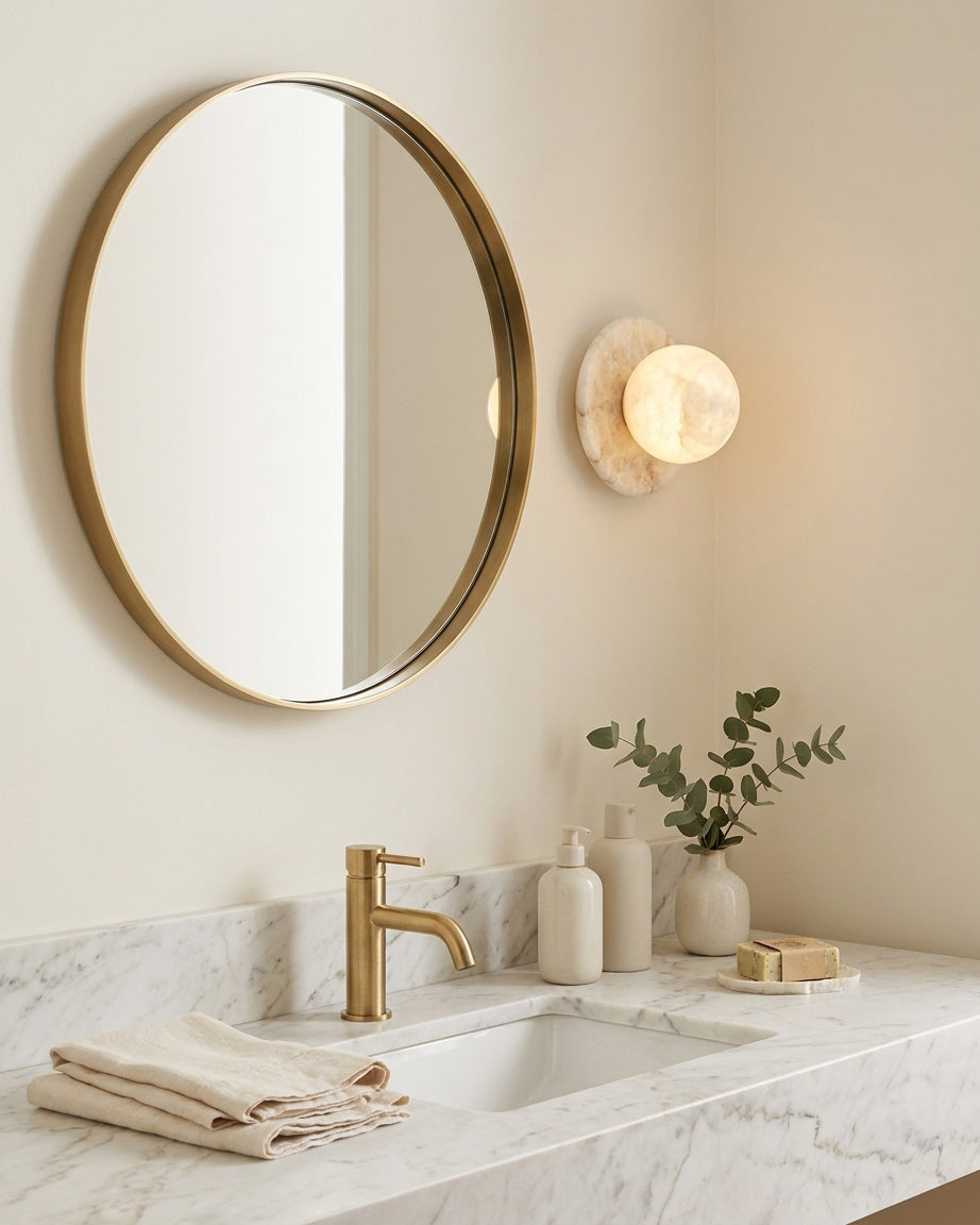 Mia Ball Alabaster Curated Alabaster Wall Sconce installed in residential dining space