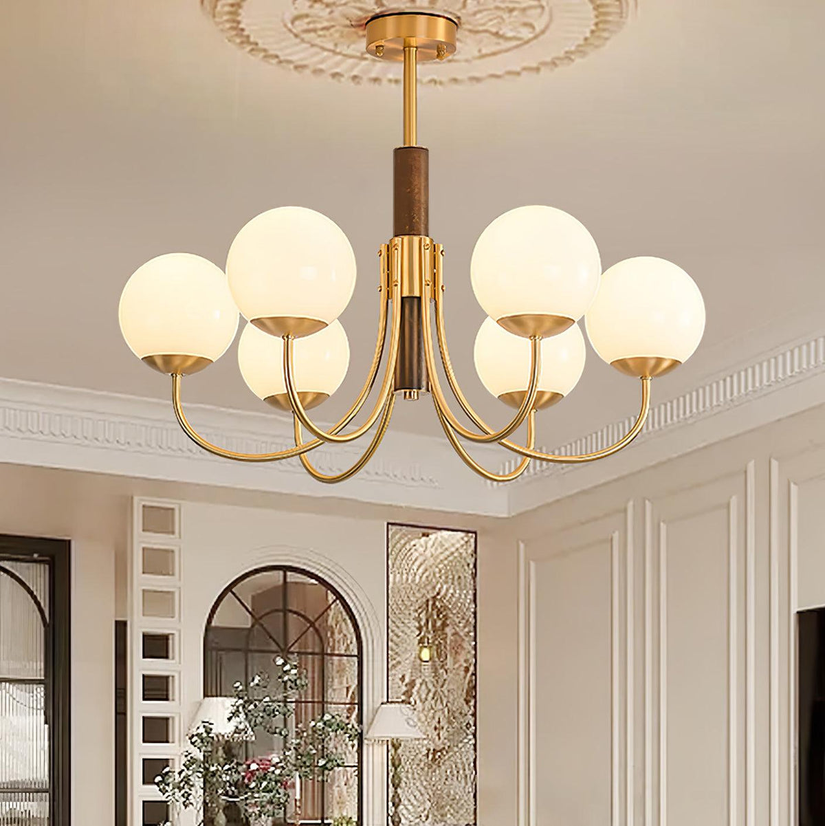 Midas Touch Walnut Sphere Chandelier – Ambient Illumination in Luxury Interior Setting View 3