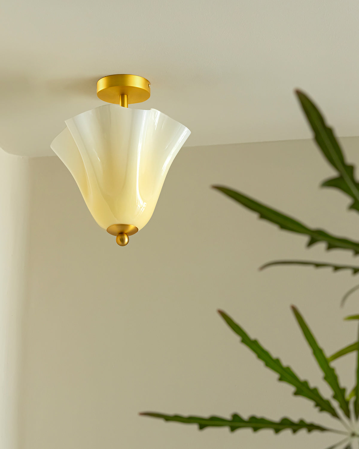 Mido Curated Mouth-Blown Frosted Glass Flush Mou – unlit natural material contrast