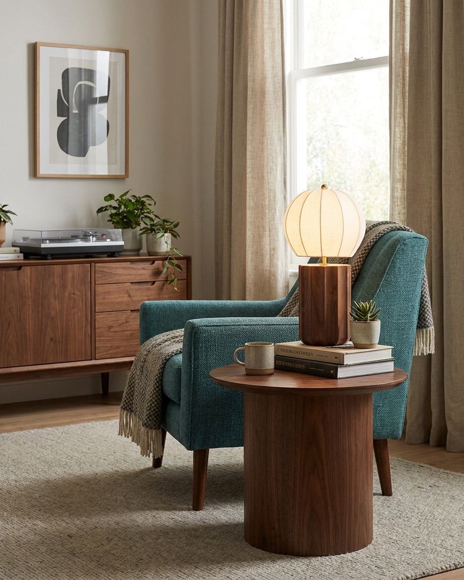 Mirelle Curated Yellow Travertine Table Lamp – illuminated warm ambiance setting