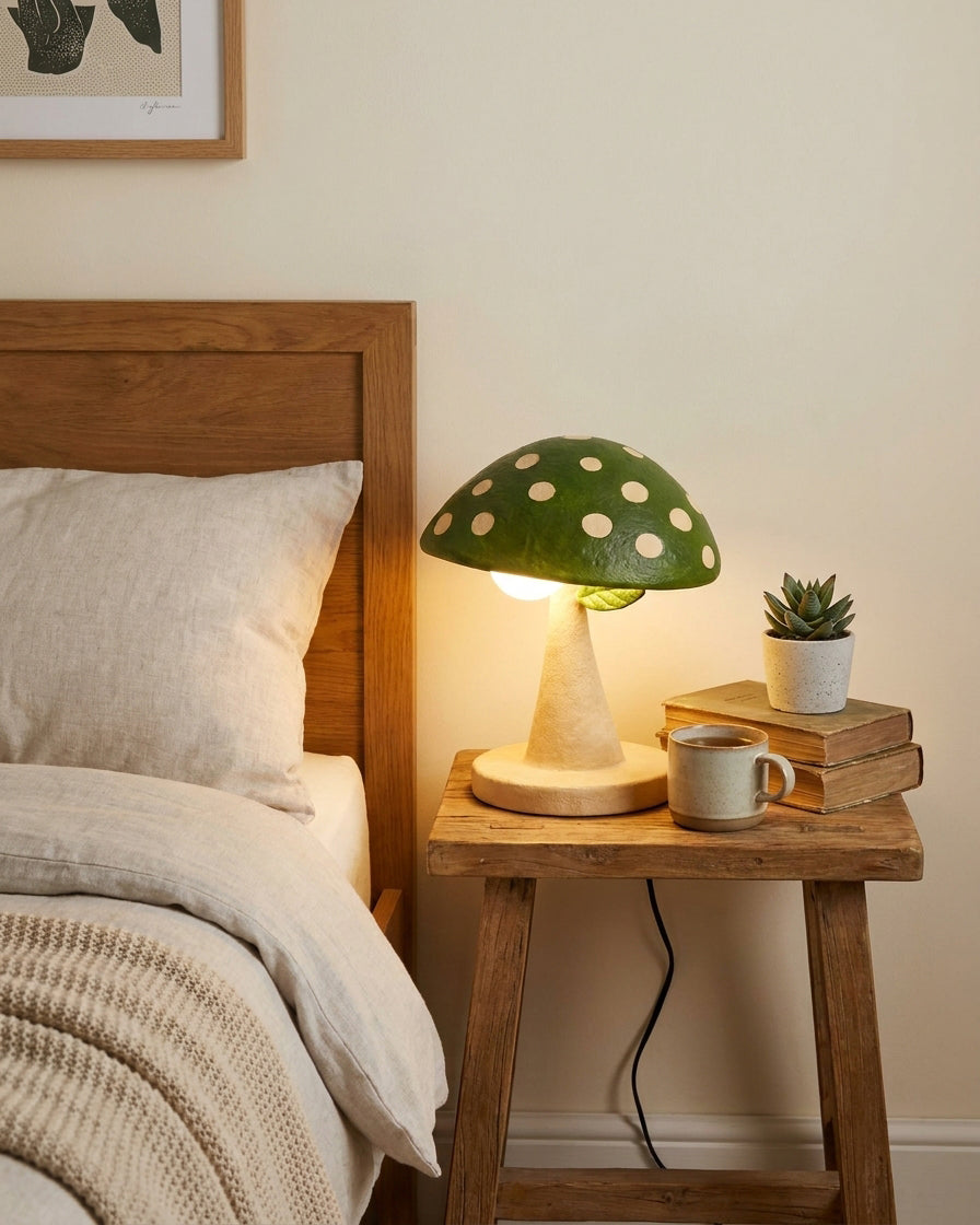 Miroku Curated Iron & Glass Table Lamp warm illuminated room view