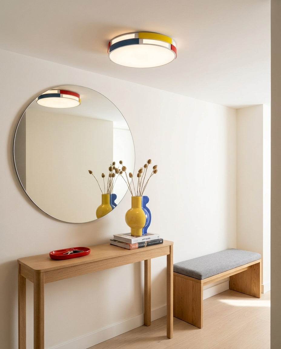 Modavio Curated Optical Acrylic Flush Mount Ceil warm illuminated room view