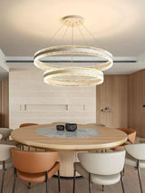 Modern Circle LED Curated Iron & Glass Chandelie – illuminated warm ambiance setting