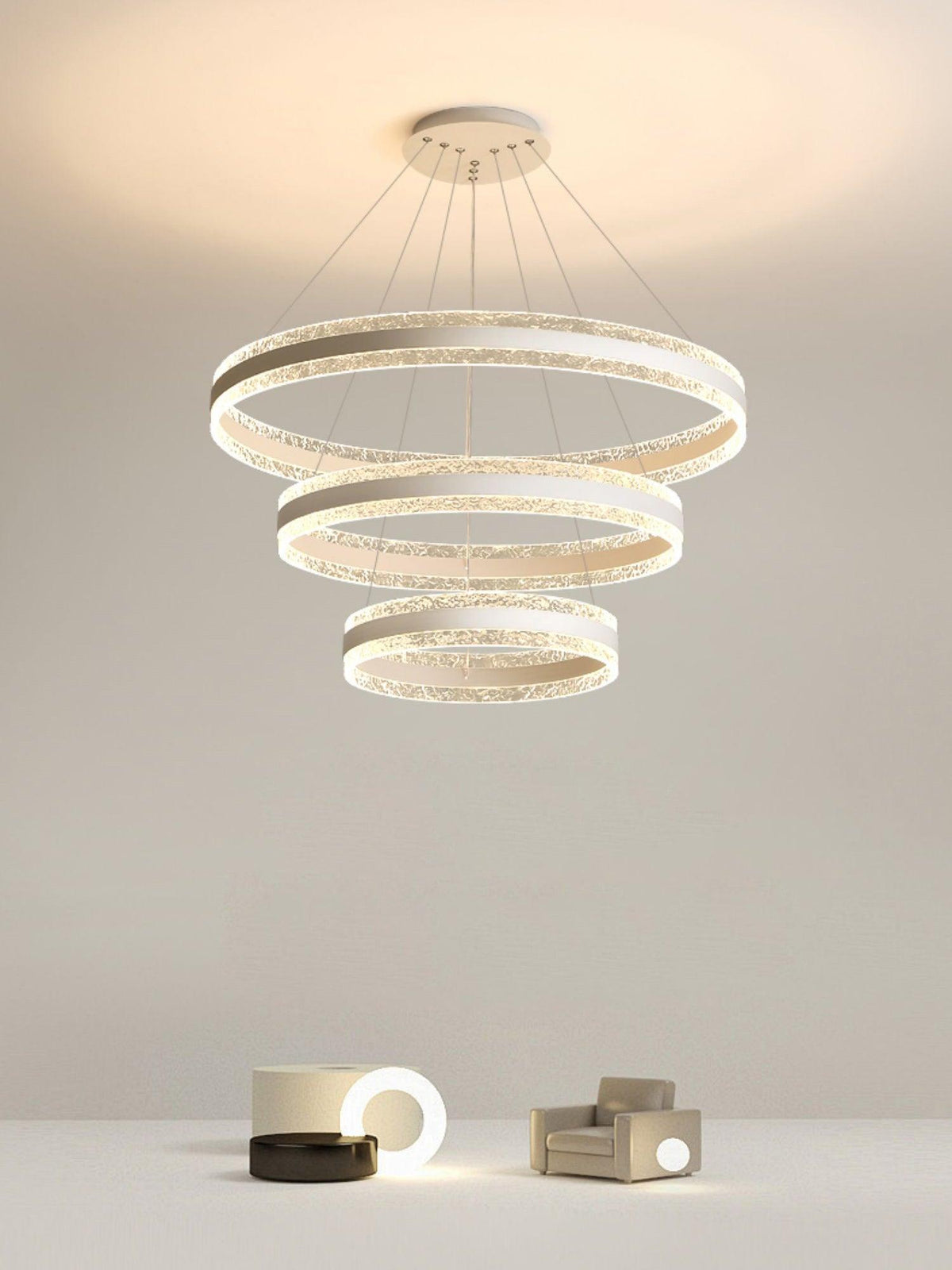 Modern Circle LED Curated Iron & Glass Chandelie – handcrafted surface texture
