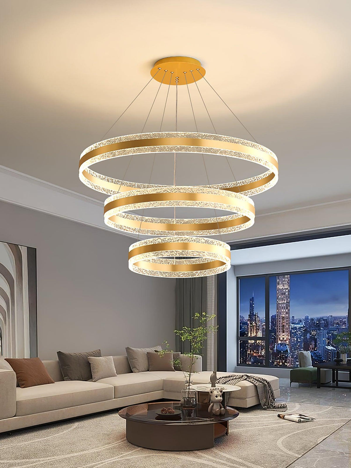 Modern Circle LED Curated Iron & Glass Chandelie – unlit natural material contrast