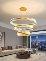 Modern Circle LED Curated Iron & Glass Chandelie – unlit natural material contrast