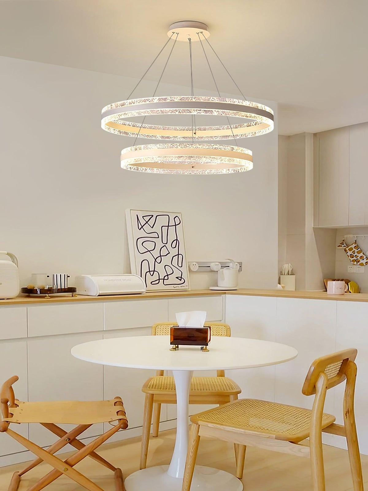 Modern Circle LED Curated Iron & Glass Chandelie – spatial dining room perspective