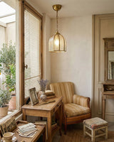 Moire Curated Mouth-Blown Frosted Glass Flush Mo warm illuminated room view