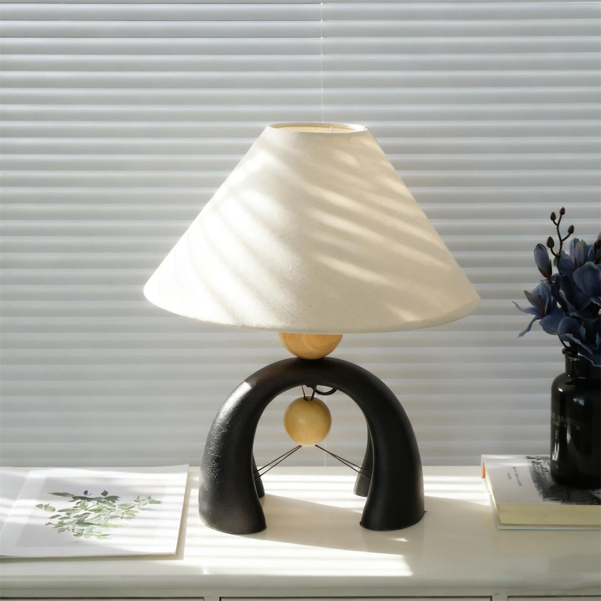 Mono Arch Curated Iron & Glass Table Lamp – unlit natural material contrast
