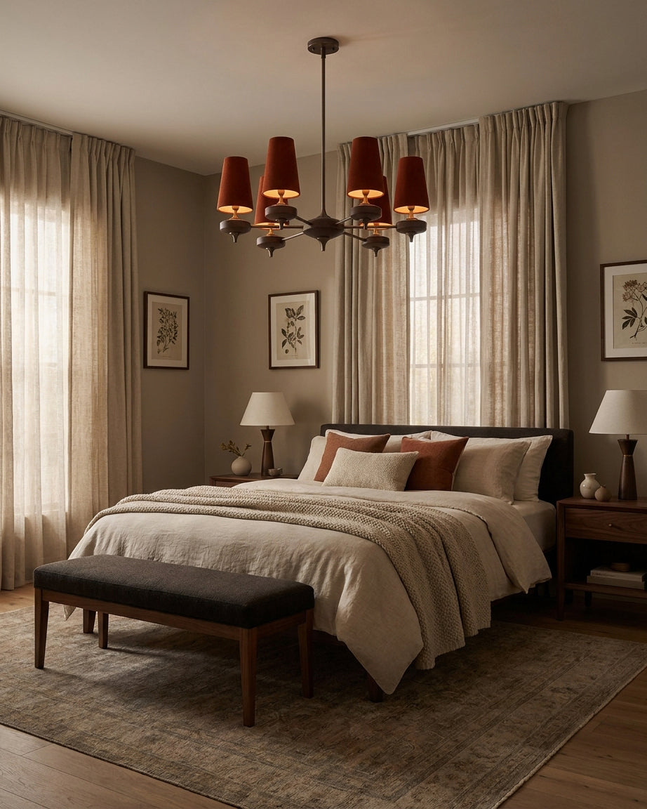 Montera Curated Solid Hardwood Chandelier warm illuminated room view