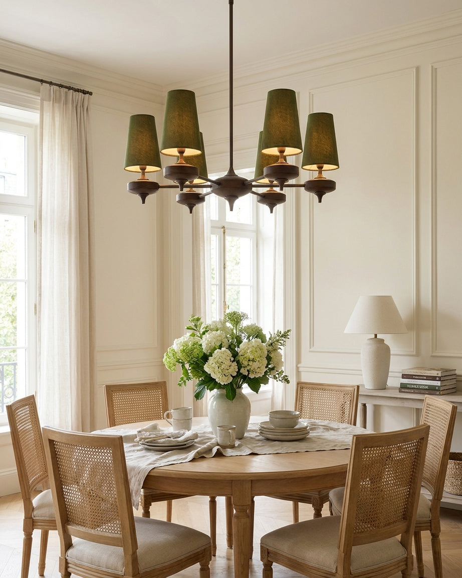 Montera Curated Solid Hardwood Chandelier – spatial dining room perspective