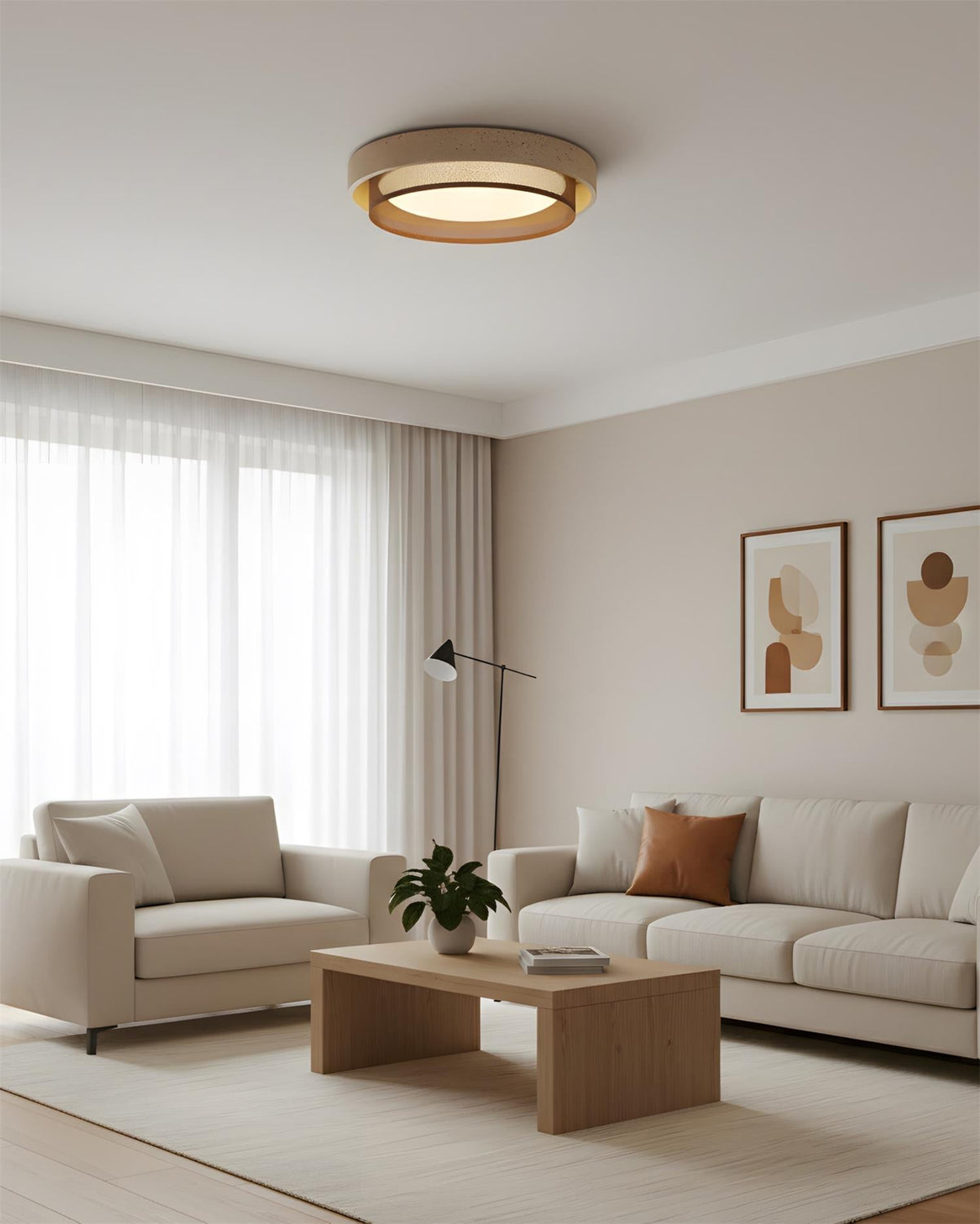 Morsen Curated Yellow Travertine Flush Mount Cei – full fixture elevation view