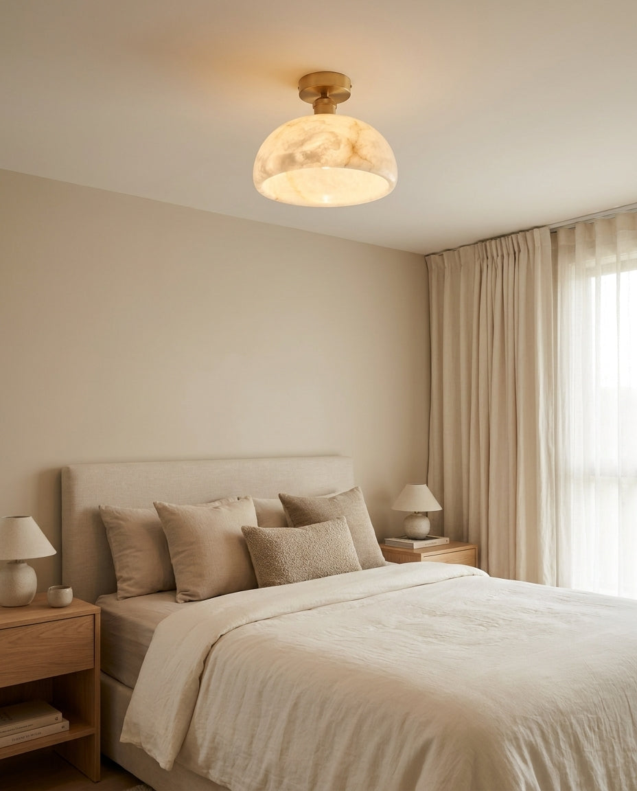 Moss Glow Alabaster Semi- Curated Alabaster Flus warm illuminated room view