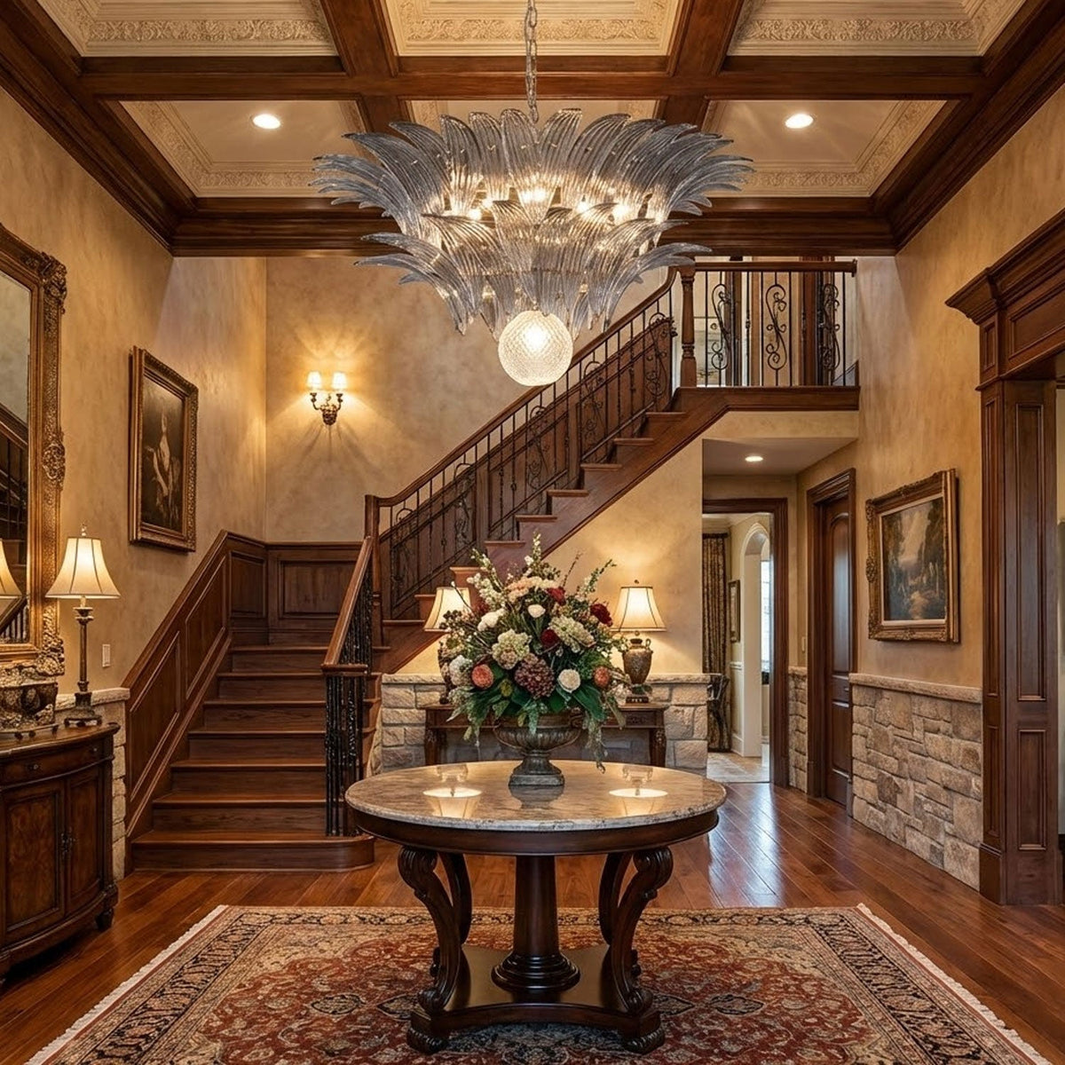 Glass Palmette Chandelier – Ambient Illumination in Luxury Interior Setting View 9