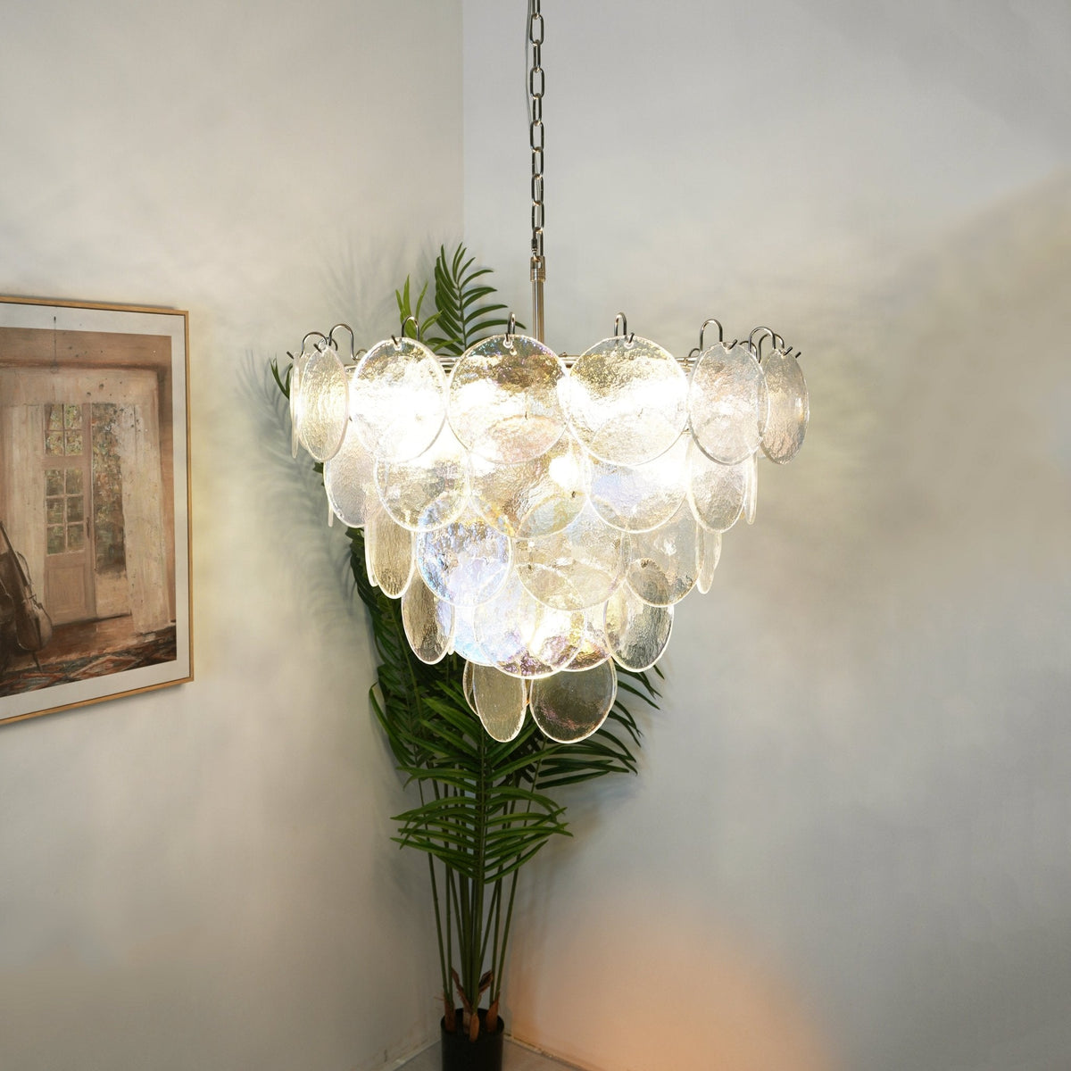 Glass Disc Iridescent Chandelier – Ambient Illumination in Luxury Interior Setting View 4