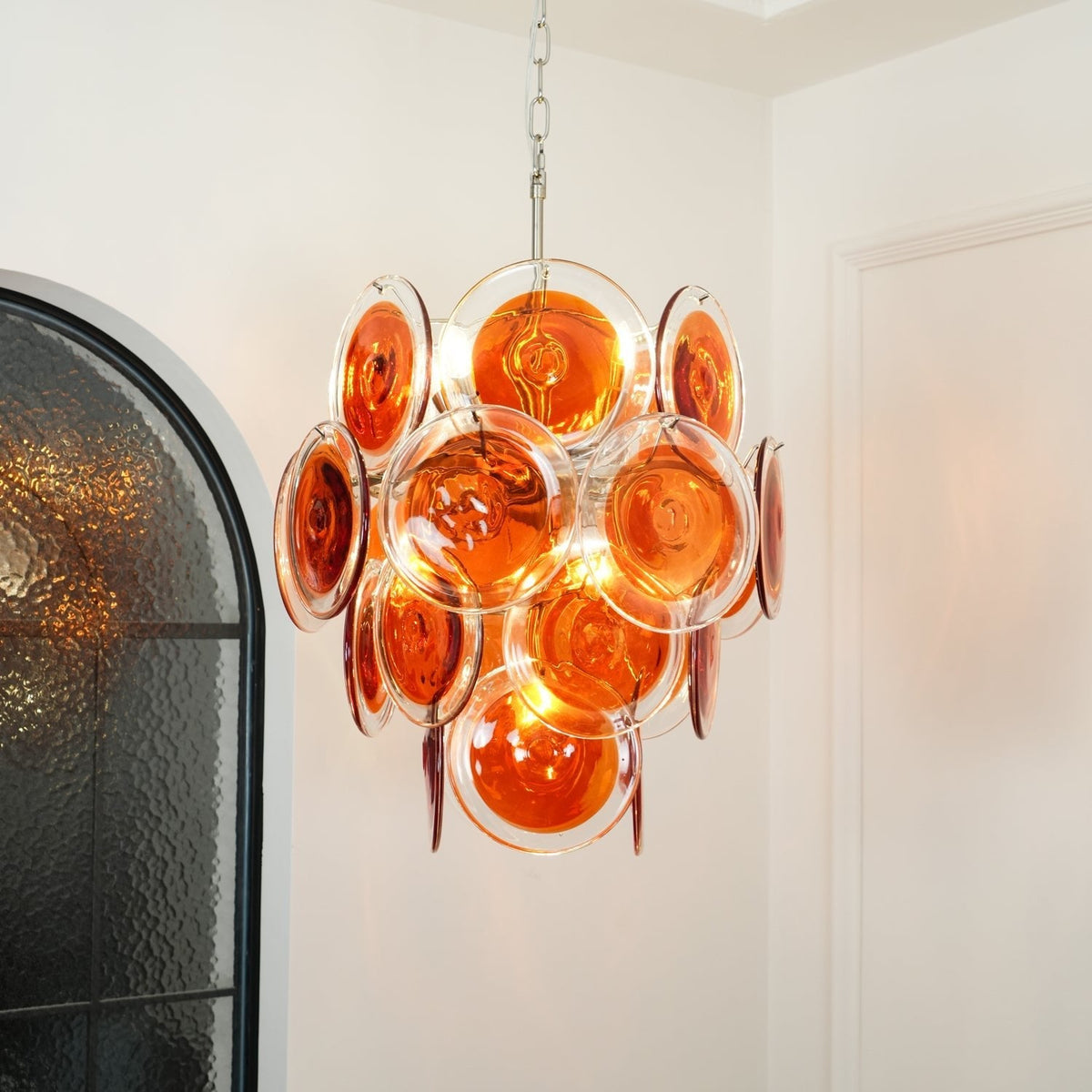 Orange Disk Glass Chandelier – Ambient Illumination in Luxury Interior Setting View 12