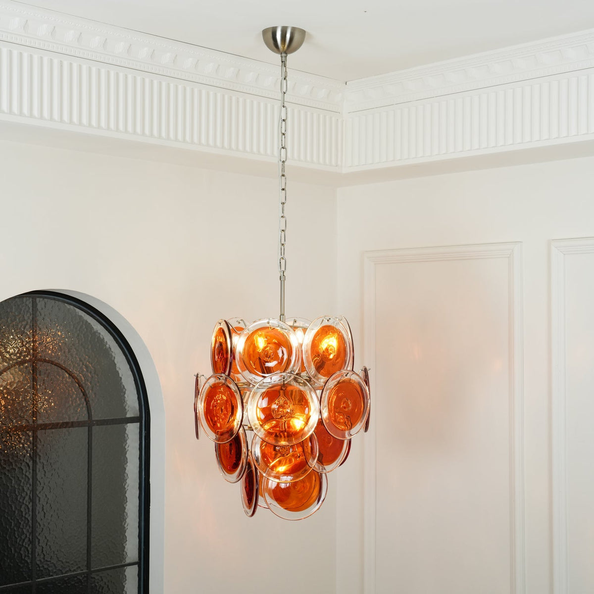 Orange Disk Glass Chandelier – Ambient Illumination in Luxury Interior Setting View 15