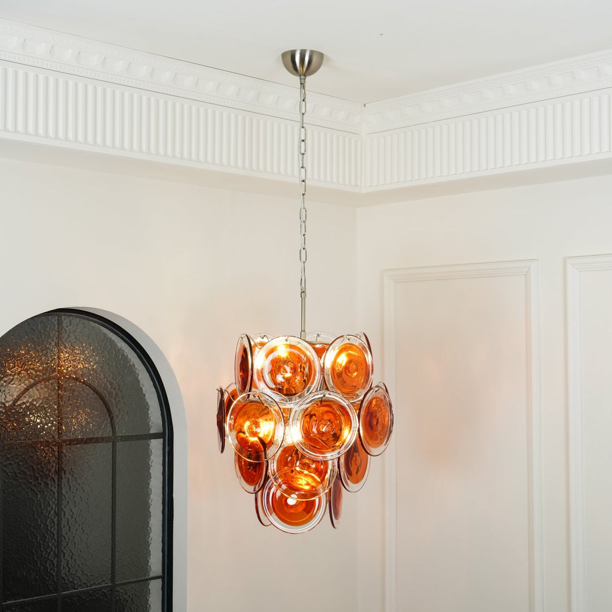 Orange Disk Glass Chandelier – Ambient Illumination in Luxury Interior Setting View 14