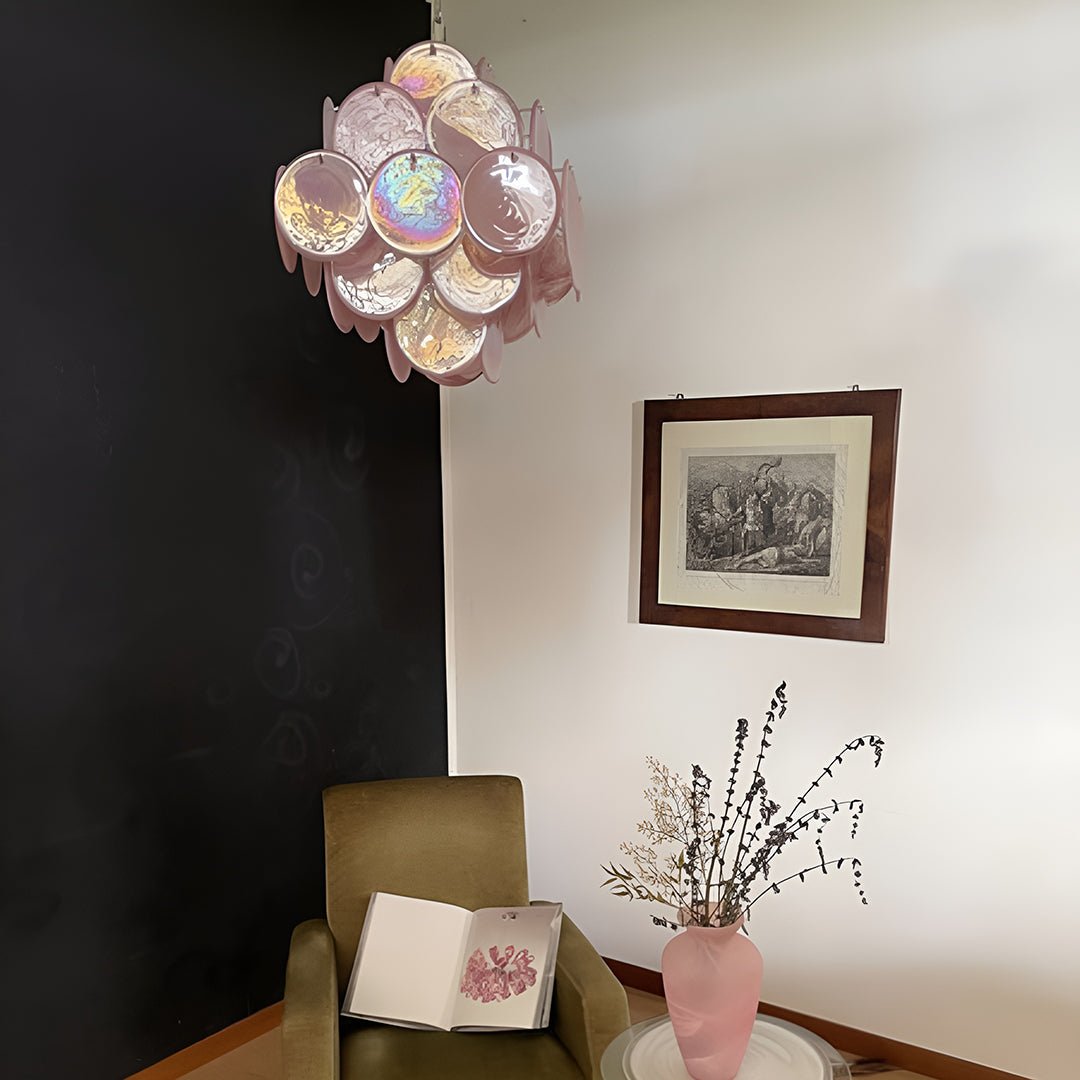 Glass Pink Disc Chandelier – Ambient Illumination in Luxury Interior Setting View 9