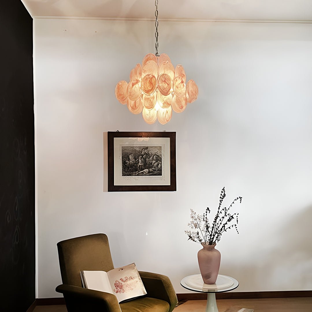 Glass Pink Disc Chandelier – Ambient Illumination in Luxury Interior Setting View 7