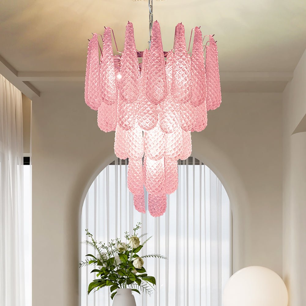 Pink Glass Droplet Curated Mouth-Blown Frosted G installed in residential dining space