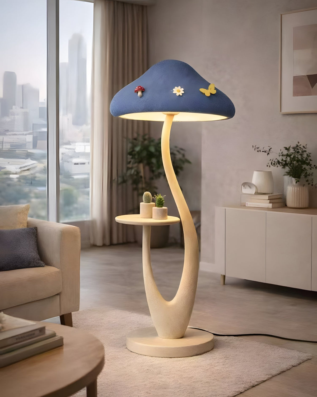 Mushora Floor Curated Iron & Glass Floor Lamp installed in residential dining space