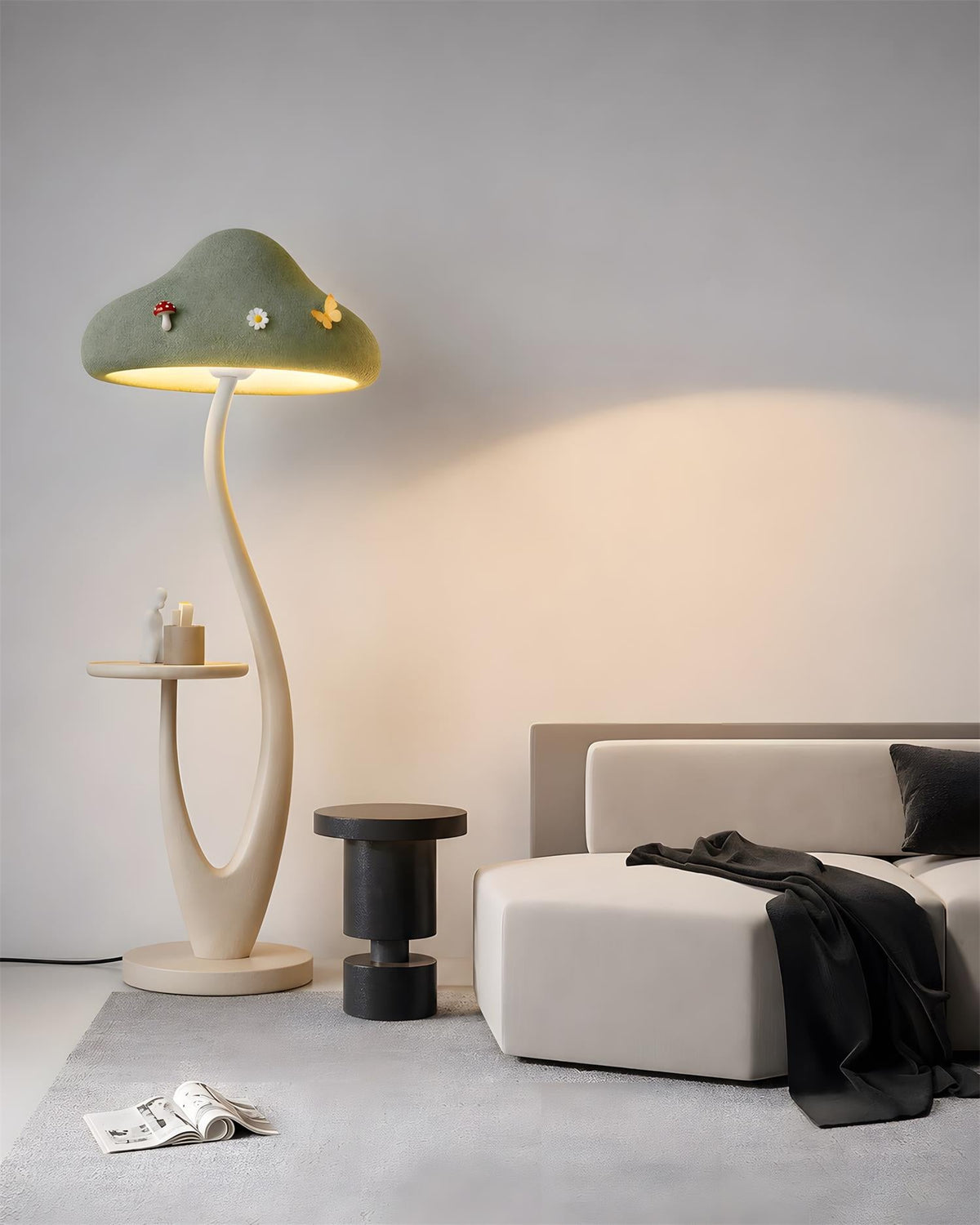 Mushora Floor Curated Iron & Glass Floor Lamp warm illuminated room view