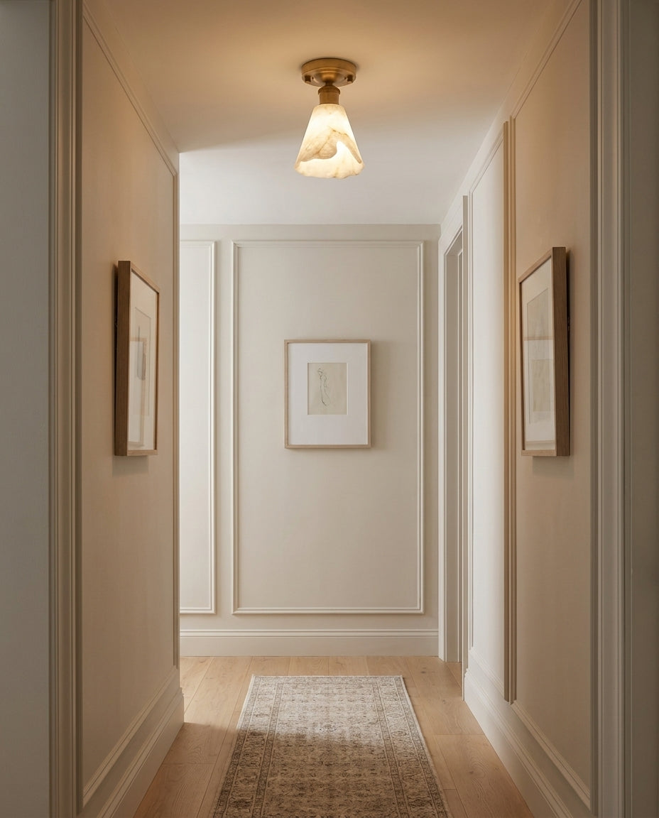 Nalia Alabaster Curated Alabaster Flush Mount Ce warm illuminated room view