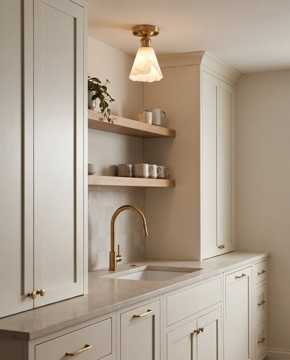 Nalia Alabaster Curated Alabaster Flush Mount Ce – illuminated warm ambiance setting