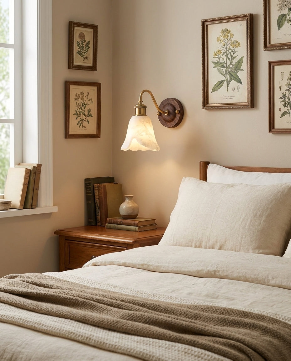 Nalia Alabaster Curated Alabaster Wall Sconce warm illuminated room view