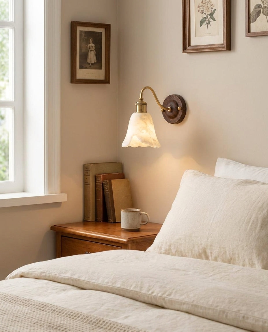 Nalia Alabaster Curated Alabaster Wall Sconce – illuminated warm ambiance setting