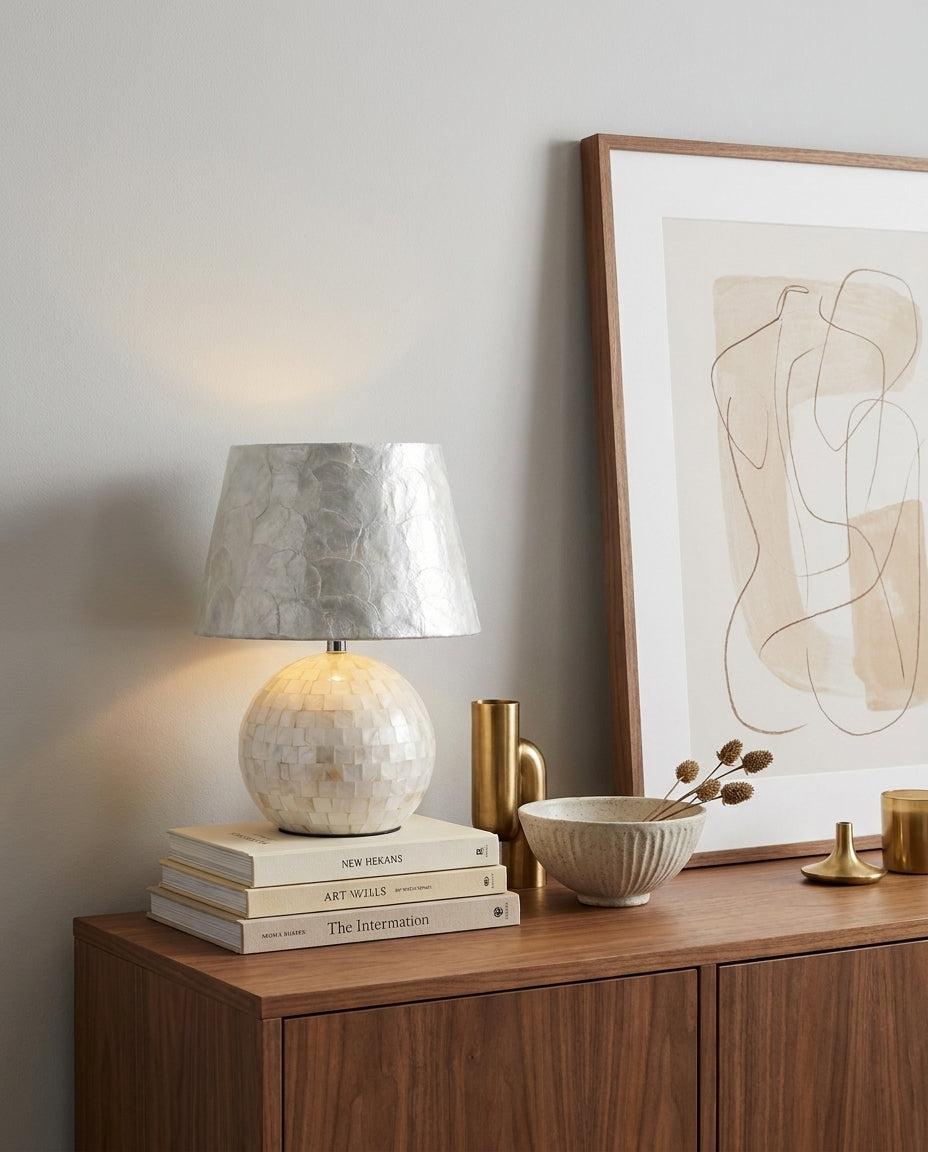 Nerina Curated Iron & Glass Table Lamp – illuminated warm ambiance setting