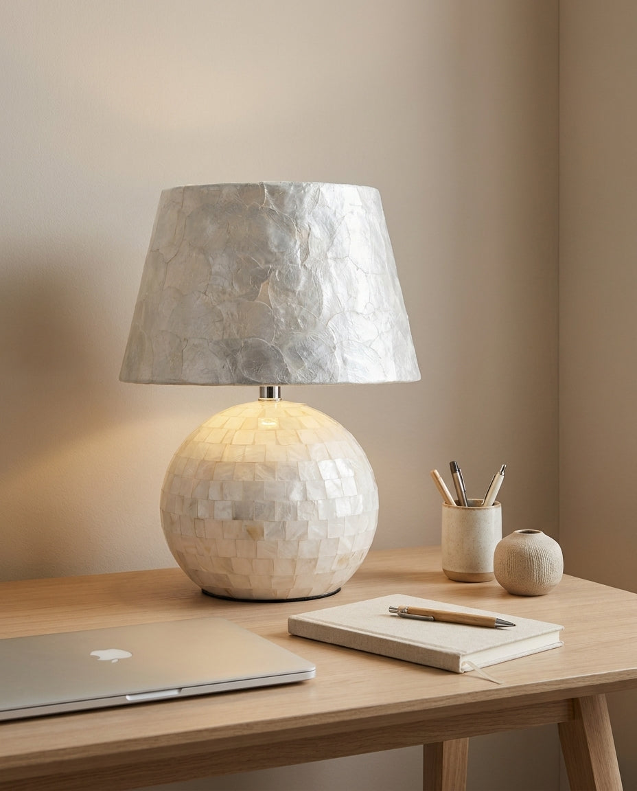 Nerina Curated Iron & Glass Table Lamp warm illuminated room view