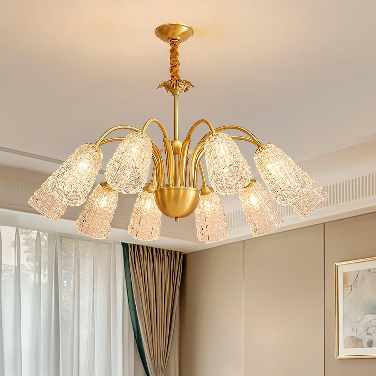 Nikoll Curated Mouth-Blown Frosted Glass Chandel installed in residential dining space