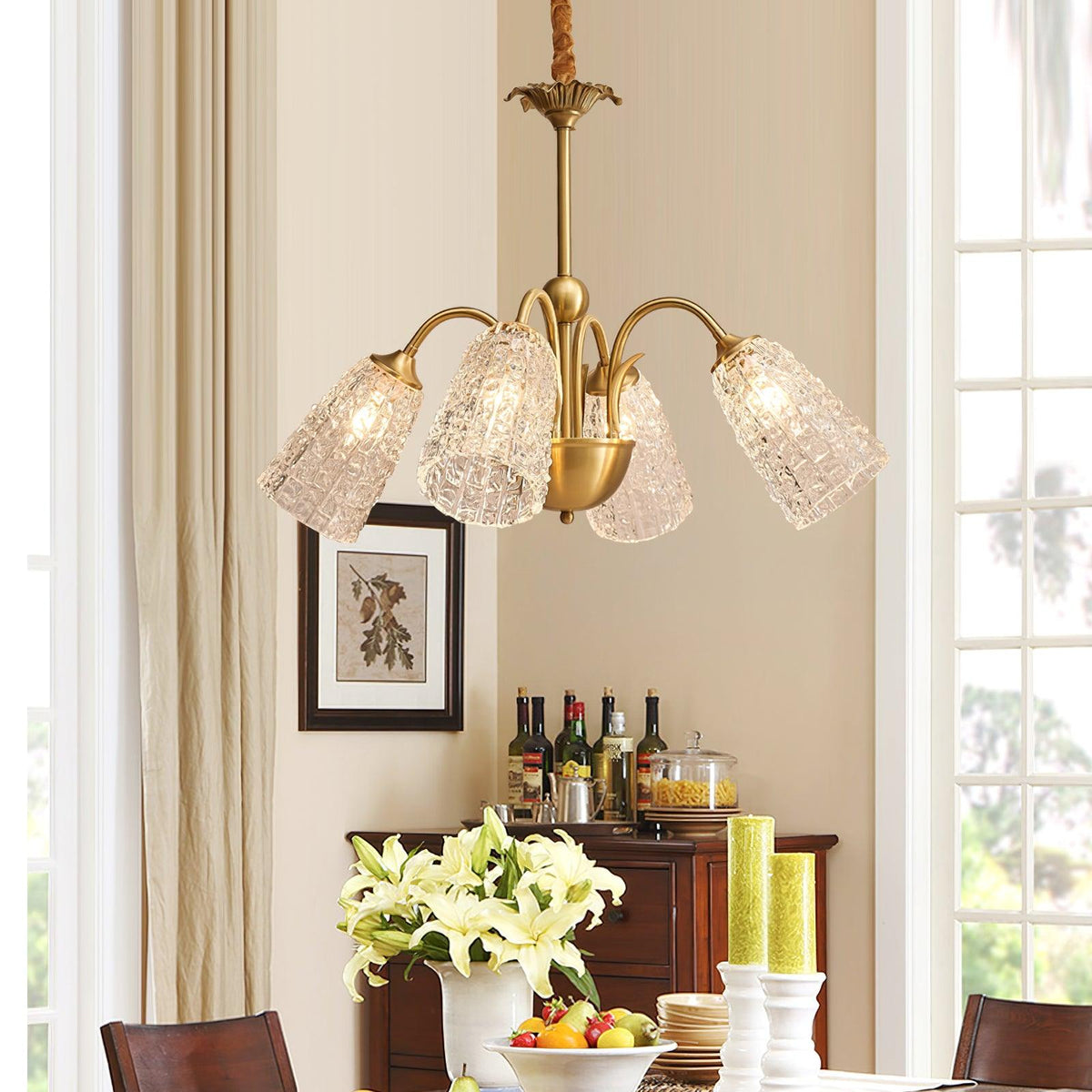 Nikoll Curated Mouth-Blown Frosted Glass Chandel warm illuminated room view