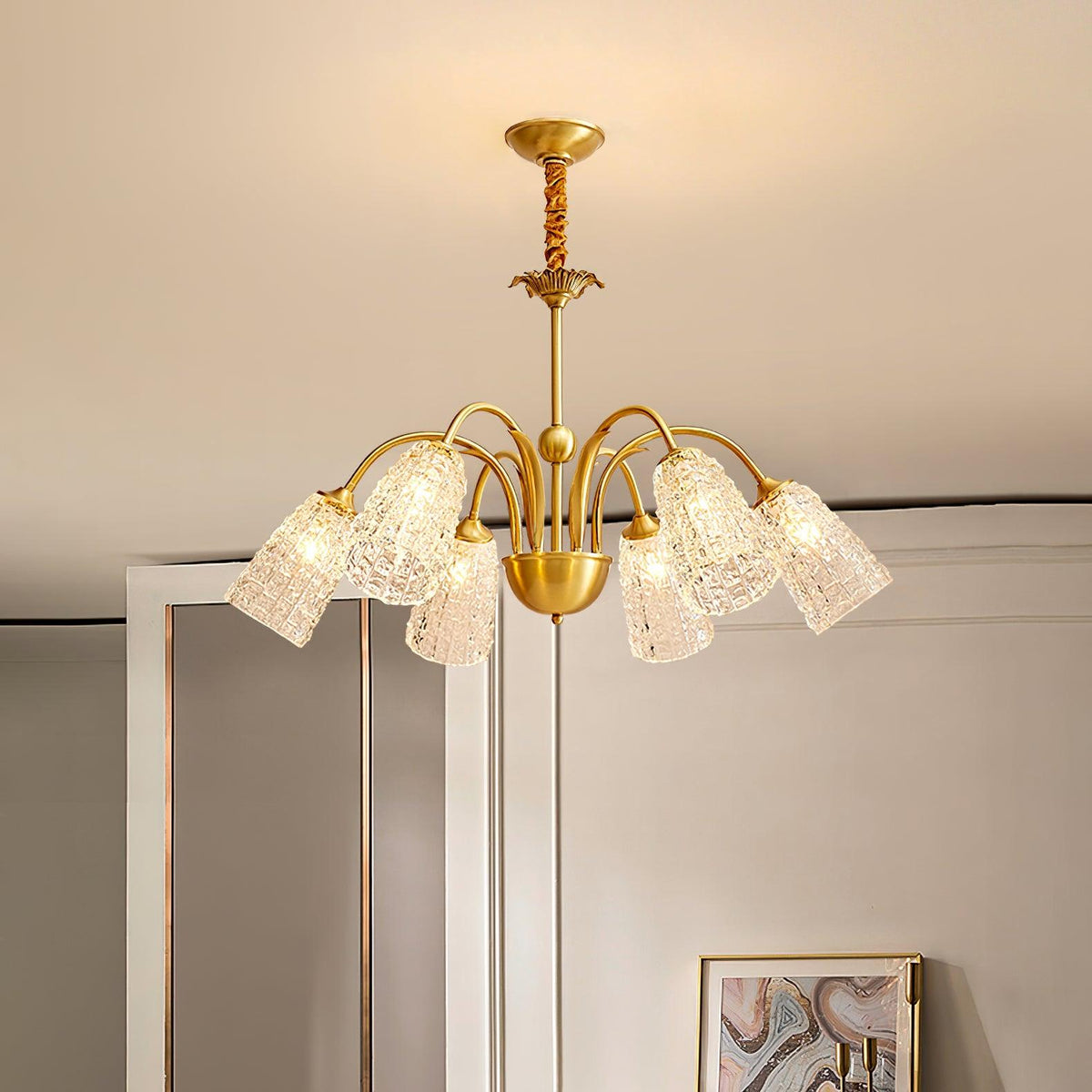 Nikoll Curated Mouth-Blown Frosted Glass Chandel – unlit natural material contrast