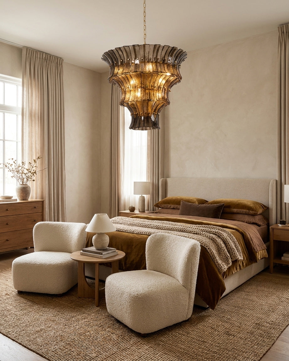 Nocteva Curated Amber Art Glass Chandelier installed in residential dining space
