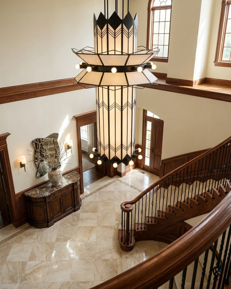 Noirline Curated Optical Acrylic Chandelier installed in residential dining space