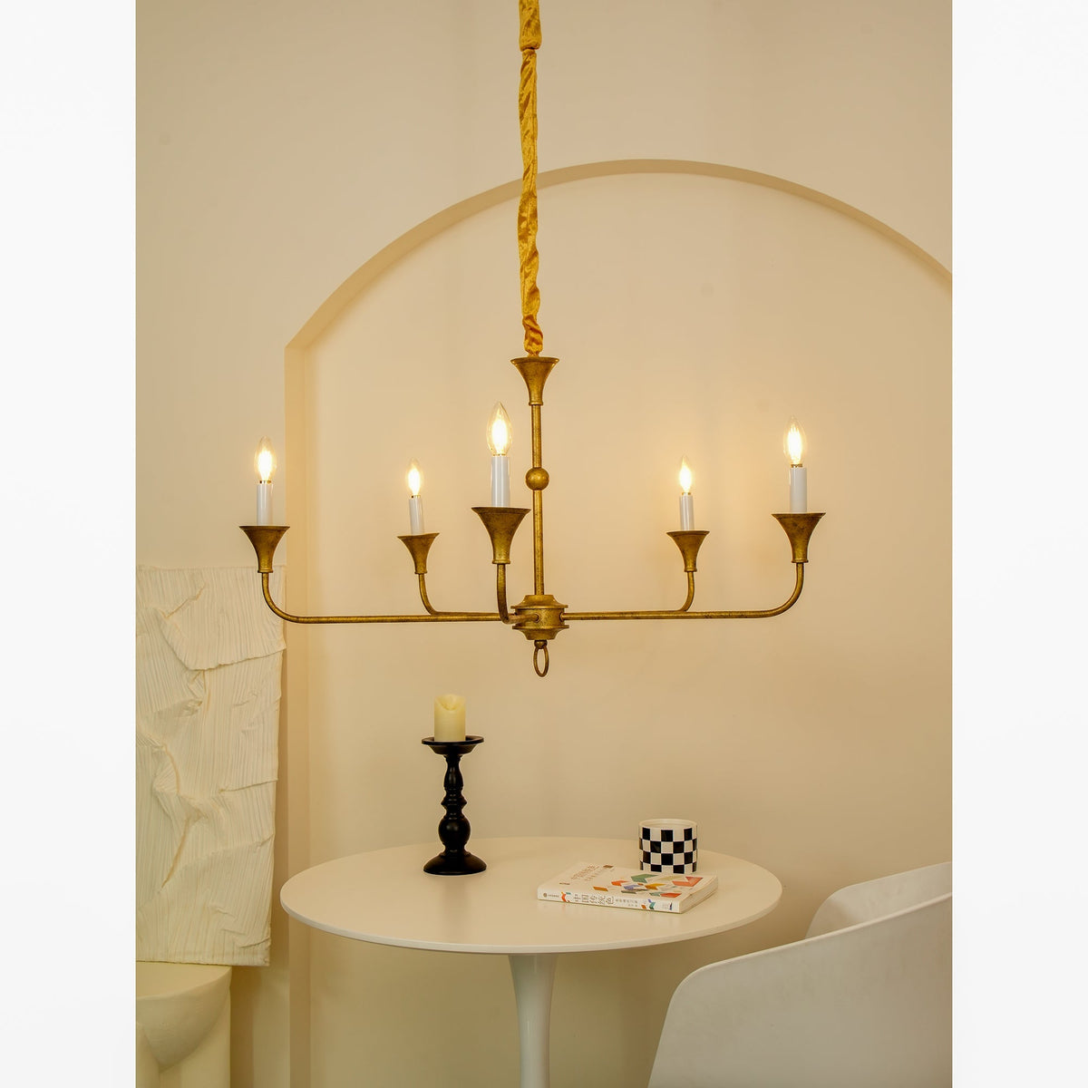Elara Candle Curated Solid Brass Chandelier – side angled contour profile