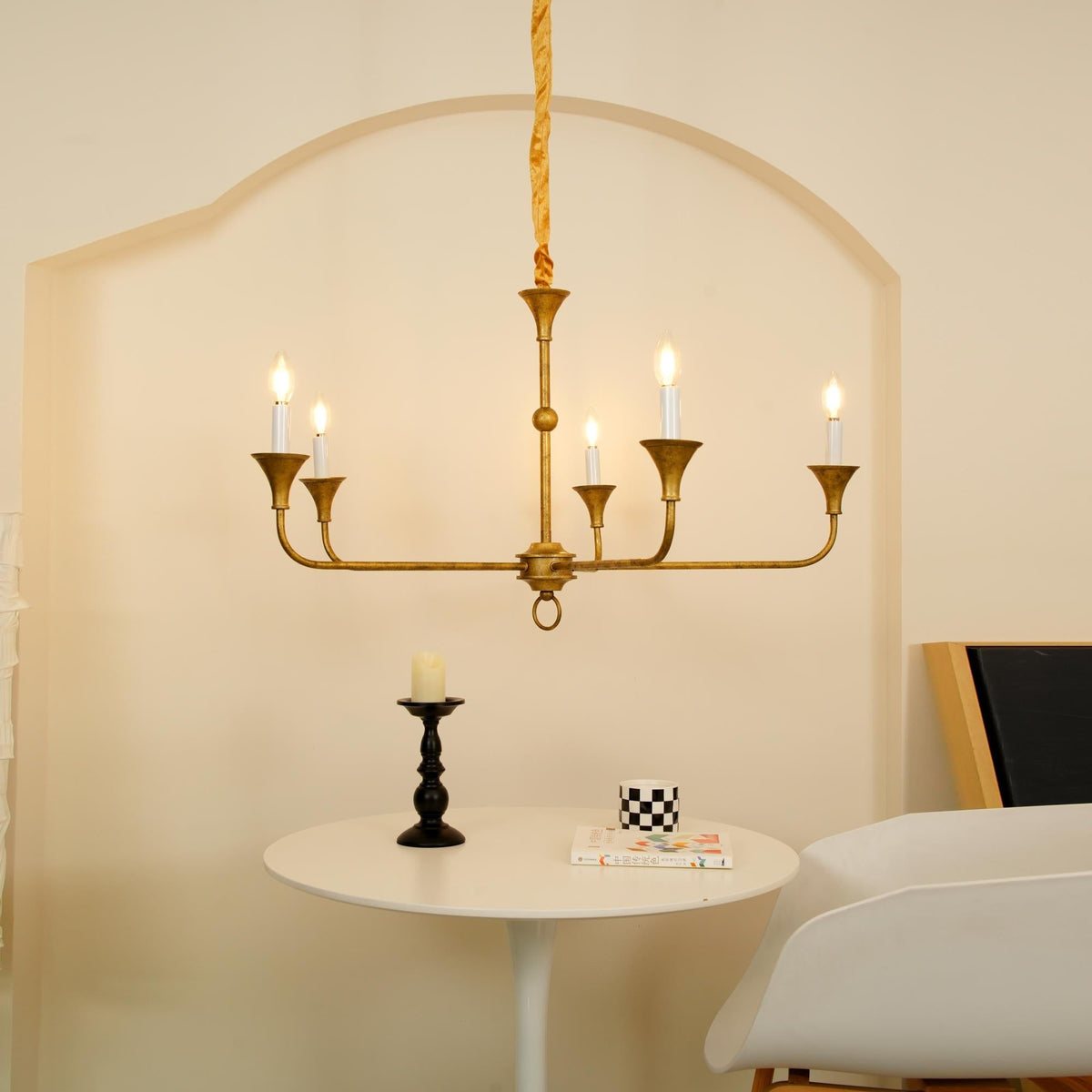 Elara Candle Curated Solid Brass Chandelier – unlit natural material contrast
