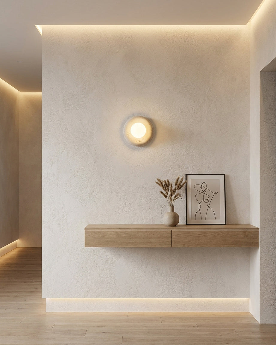 Nuvane Orb Curated Yellow Travertine Wall Sconce warm illuminated room view