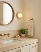 Nuvane Orb Curated Yellow Travertine Wall Sconce – dimensional scale reference