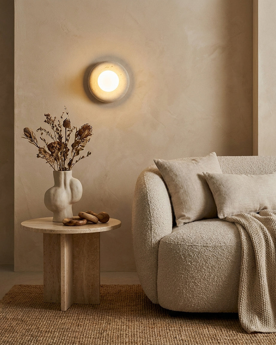 Nuvane Orb Curated Yellow Travertine Wall Sconce – handcrafted surface texture