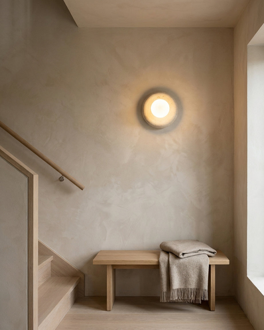 Nuvane Orb Curated Yellow Travertine Wall Sconce – structural canopy joint detail