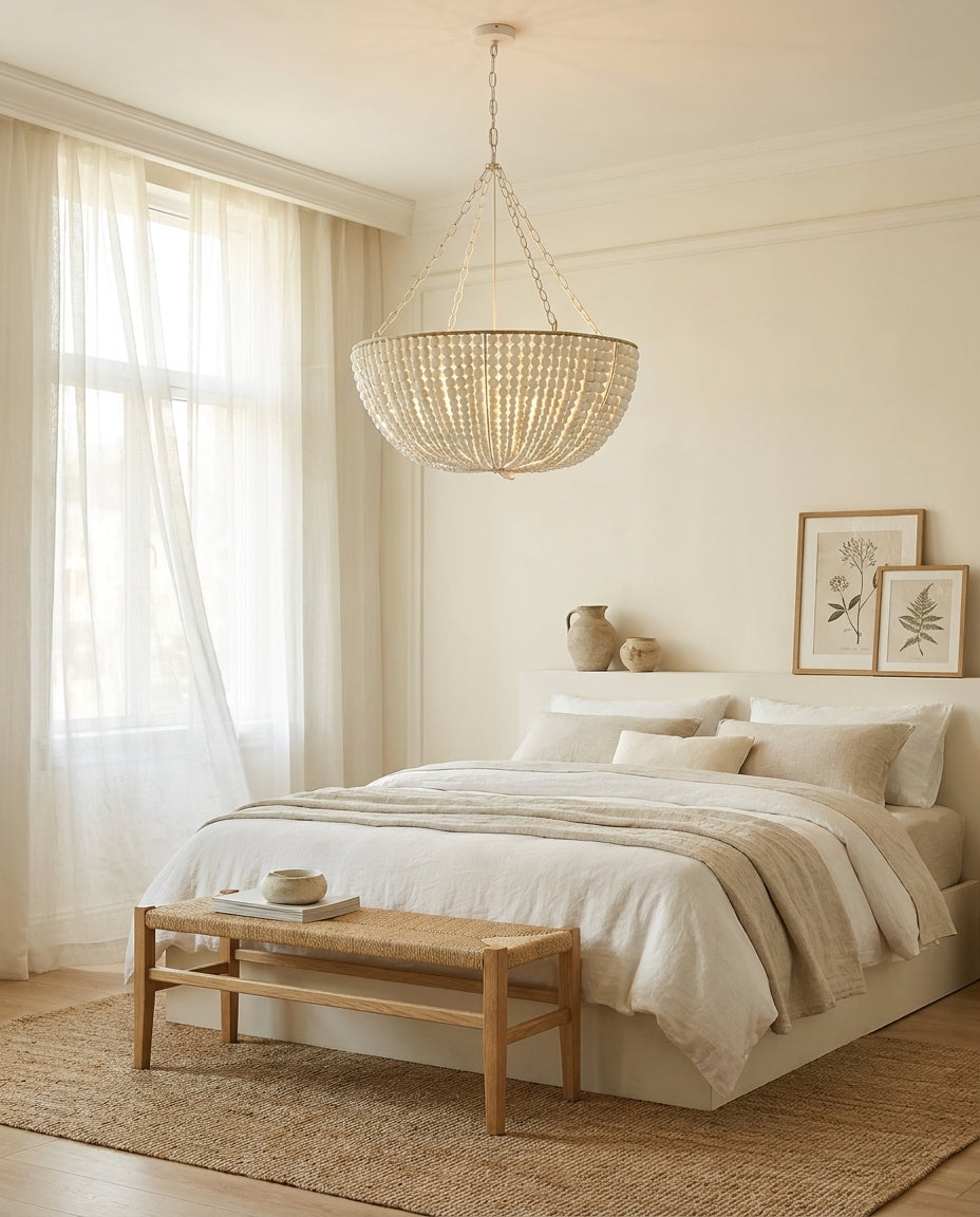 Oakmere Curated Solid Hardwood Chandelier installed in residential dining space
